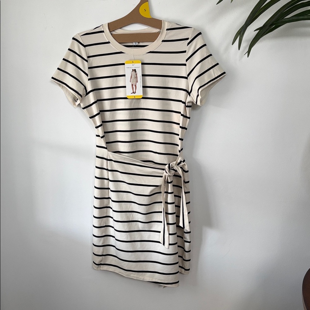 THREADS 4 THOUGHT NWT Soft Striped Cream and Black Tie-Waist Dress S